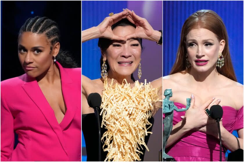 A split image of a woman posing in a pink suit, a woman making a triangle on her forehead and a woman cupping hands to chest