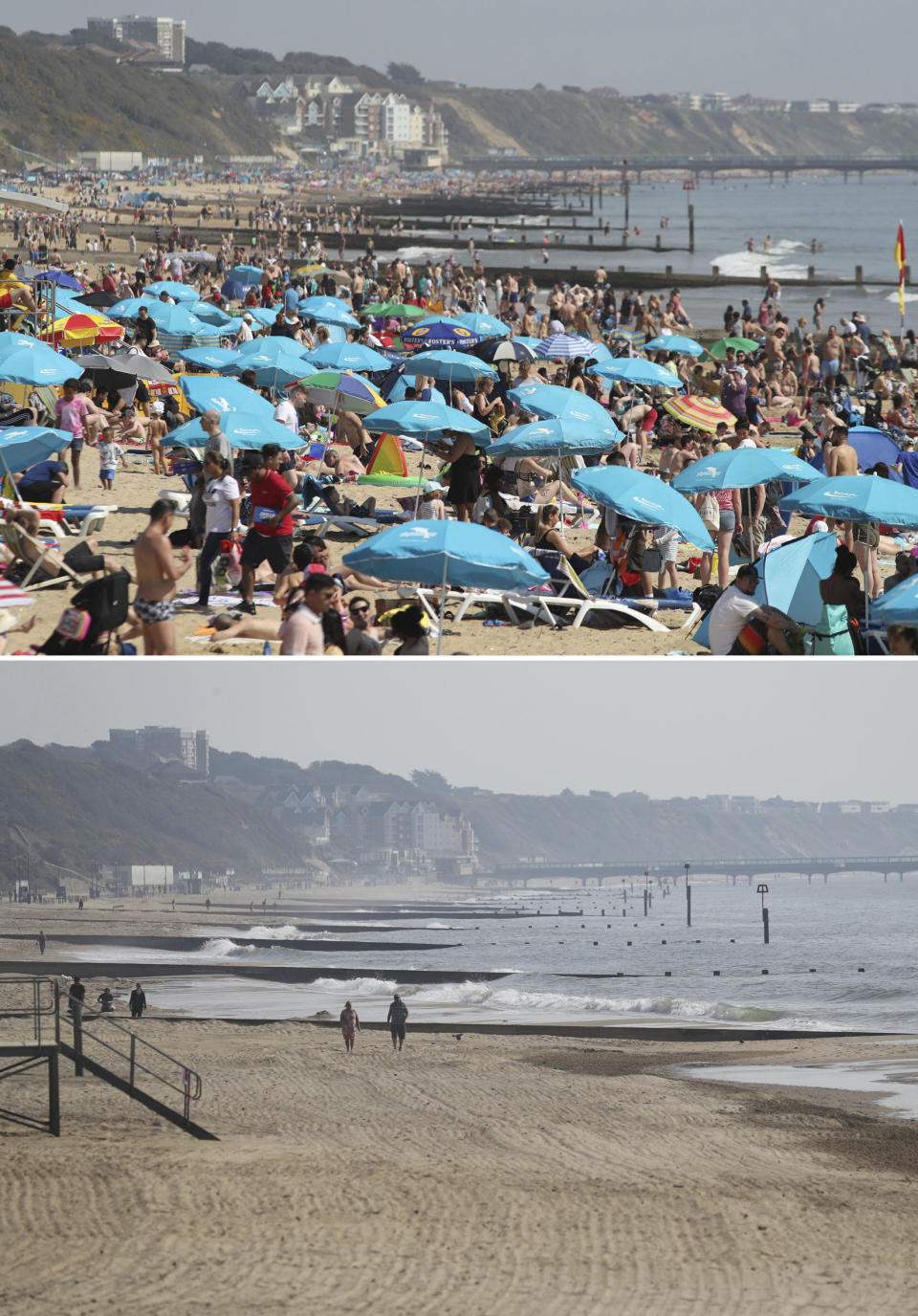 A combo of photos showing of people enjoying the hot weather at a busy Bournemouth beach, Dorset, England during the Easter bank holiday weekend on April 20, 2019, top, and the near deserted beach on Friday April 10, 2020 as the UK continues in lockdown to help curb the spread of the coronavirus. The highly contagious COVID-19 coronavirus has impacted on nations around the globe, many imposing self isolation and exercising social distancing when people move from their homes. (Andrew Matthews/PA via AP)