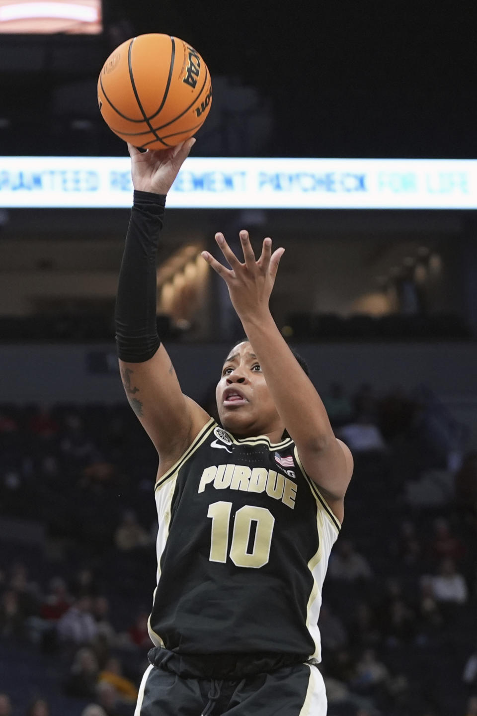 Purdue guard Jeanae Terry (10) shoots during the first half of an NCAA college basketball game against Nebraska at the Big Ten women's tournament Thursday, March 7, 2024, in Minneapolis. (AP Photo/Abbie Parr)