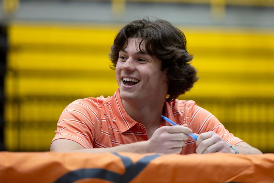 Dec 18, 2023; Stillwater, Oklahoma, USA; Stillwater High School’s Talon Kendrick smiles while waiting for a signing ceremony to start at the Stillwater High School Gym. Mandatory Credit: Mitch Alcala-The Oklahoman