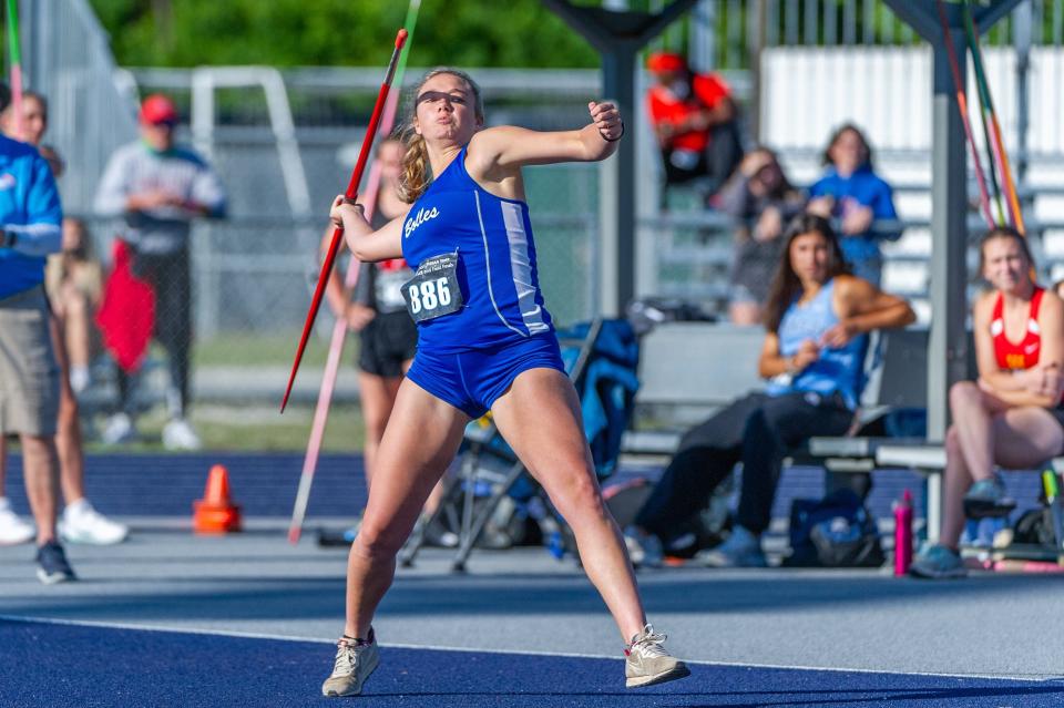 Bolles Emily Rohan launches a javelin at the FHSSA track and field championships at UNF Hodges Stadium on Saturday, May 8, 2021.Photo made May 8, 2021[Fran Ruchalski for the Florida Times-Union]