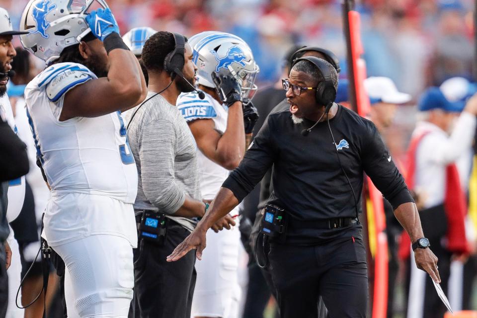 Lions defensive coordinator Aaron Glenn reacts to a play against 49ers during the first half of the NFC championship game at Levi's Stadium in Santa Clara, California, on Sunday, Jan. 28, 2024.