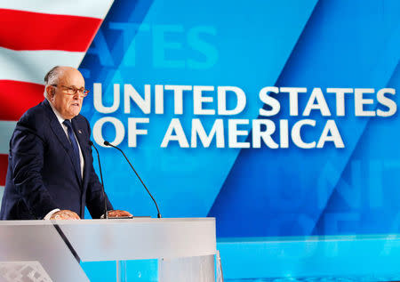 Rudy Giuliani, former Mayor of New York City, delivers his speech as he attends the National Council of Resistance of Iran (NCRI), meeting in Villepinte, near Paris, France, June 30, 2018. REUTERS/Regis Duvignau