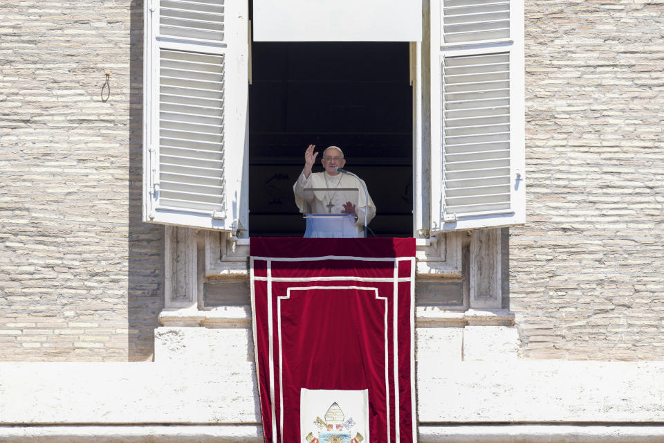 Pope Francis delivers his blessing as he recites the Angelus noon prayer from the window of his studio overlooking St.Peter's Square, at the Vatican, Sunday, June 25, 2023. The Pope in his speech remembered the 40th anniversary of the disappearance of Emanuela Orlandi, the 15-year-old daughter of a lay employee of the Holy See, that vanished June 22, 1983, after leaving her family's Vatican City apartment to go to a music lesson in Rome. (AP Photo/Andrew Medichini)