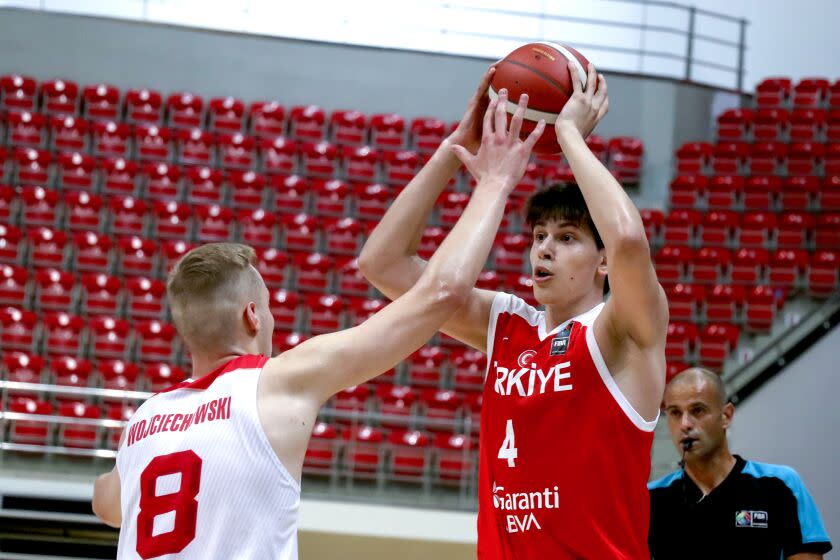 KONYA, TURKEY - AUGUST 03: Berke Buyuktuncel (4) of Turkey in action during FIBA U18 European Challengers 2021 Group C match between Turkey and Poland in Konya, Turkey on August 03, 2021. (Photo by Serhat Cetinkaya/Anadolu Agency via Getty Images)