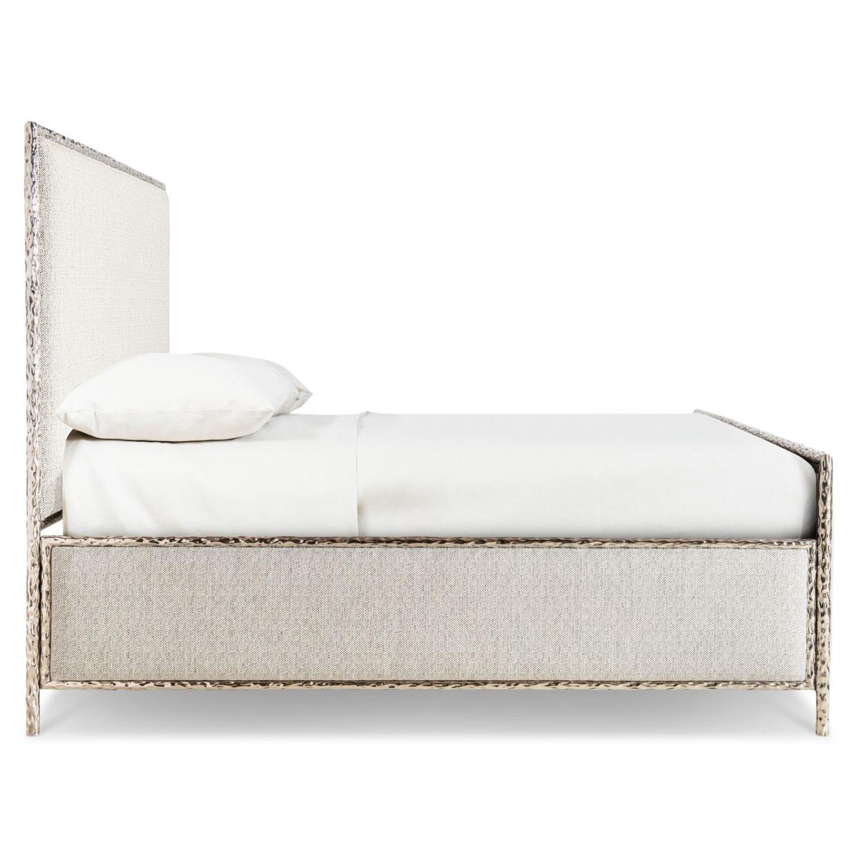 linen platform bed with skinny headboard and patterned trim
