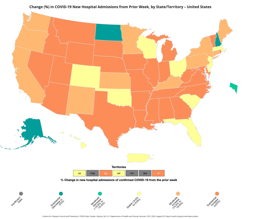 Twenty-six states had a 20% or larger increase in COVID-19 hospitalizations week over week, the CDC said on August 28, 2023. (Map: CDC)