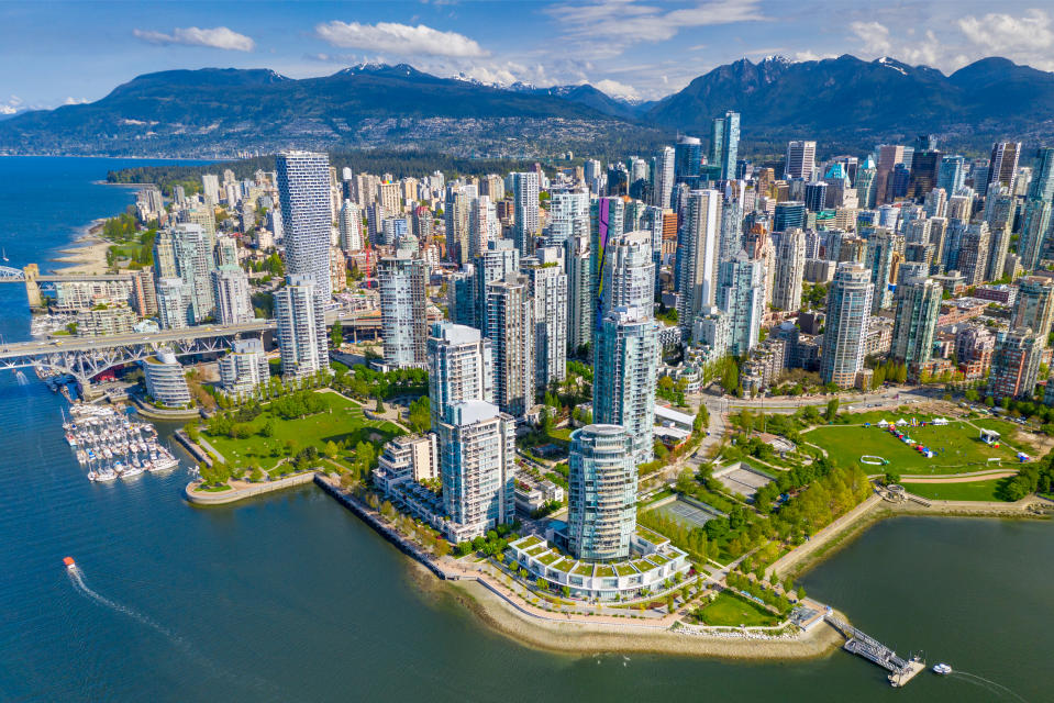 Aerial view of downtown Vancouver city skyline, in Vancouver, British Columbia, Canada.