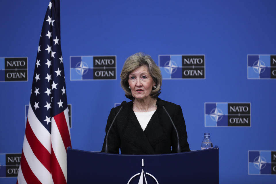 U.S. Ambassador to NATO Kay Bailey Hutchison speaks during a media conference at NATO headquarters in Brussels, Tuesday, Feb. 11, 2020. (AP Photo/Francisco Seco)