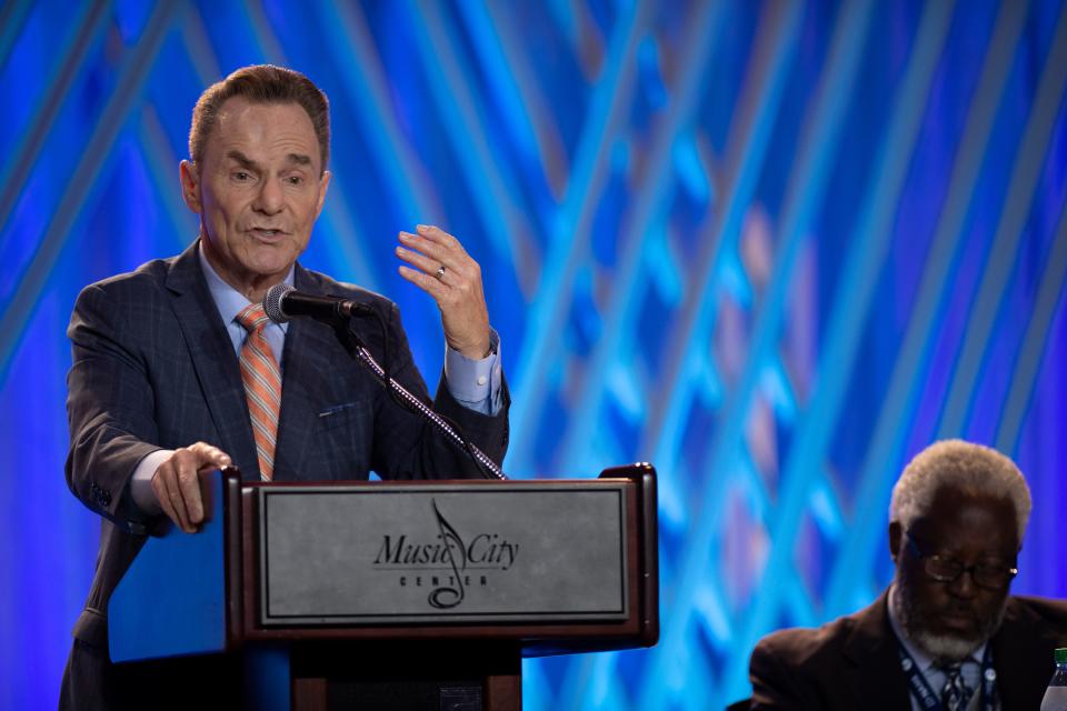 Executive committee president Ronnie Floyd addresses the  Southern Baptist Convention executive committee meeting at Music City Center Monday, June 14, 2021 in Nashville, Tenn. 