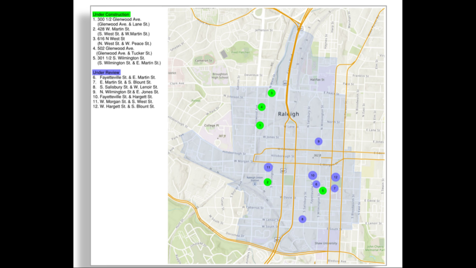 A list of IKE locations under construction and under review in downtown Raleigh.