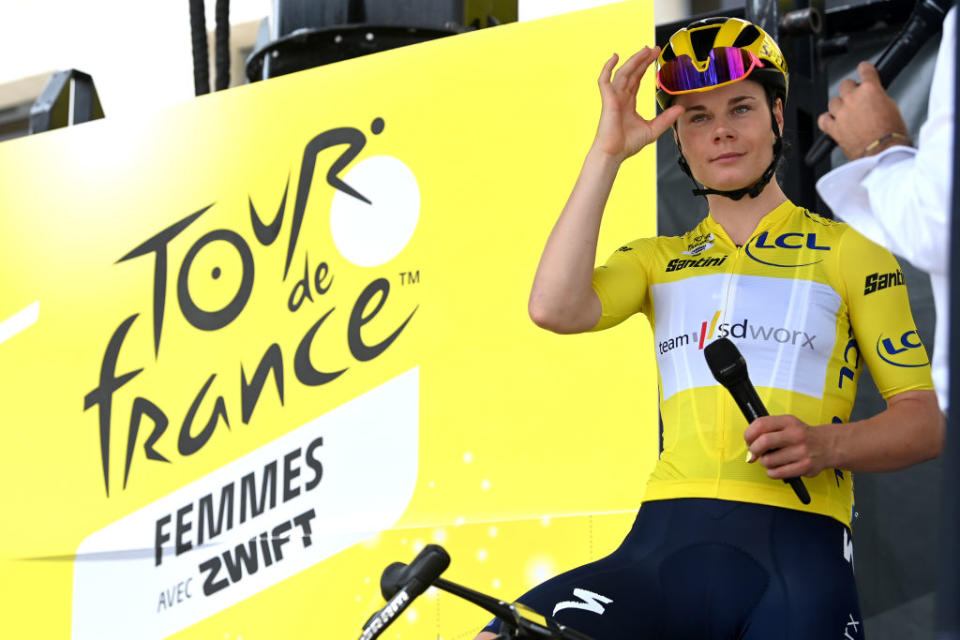 CLERMONTFERRAND FRANCE  JULY 24 Lotte Kopecky of Belgium and Team SD Worx  Protime  Yellow leader jersey prior to the 2nd Tour de France Femmes 2023 Stage 2 a 1517km stage from ClermontFerrandMauriac  UCIWWT  on July 24 2023 in ClermontFerrand France Photo by Tim de WaeleGetty Images