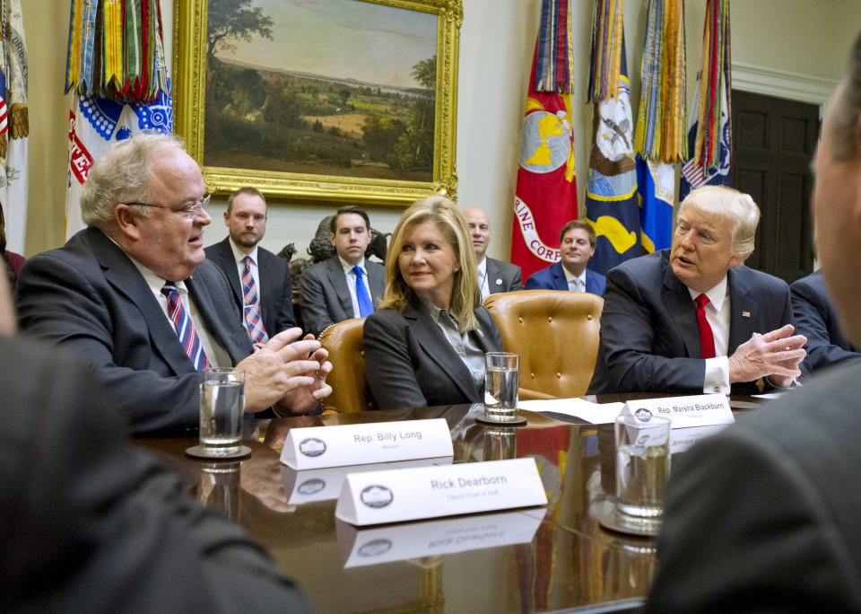 Rep. Marsha Blackburn, R-Tenn., center, at a congressional listening session with President Trump and Rep. Billy Long, R-Mo., left, at the White House last February. (Photo: Ron Sachs/Pool via CNP)