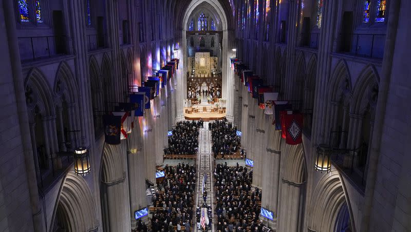 A military bearer team carries the casket after the funeral for former Secretary of State Colin Powell at the Washington National Cathedral, in Washington on Friday, Nov. 5, 2021.