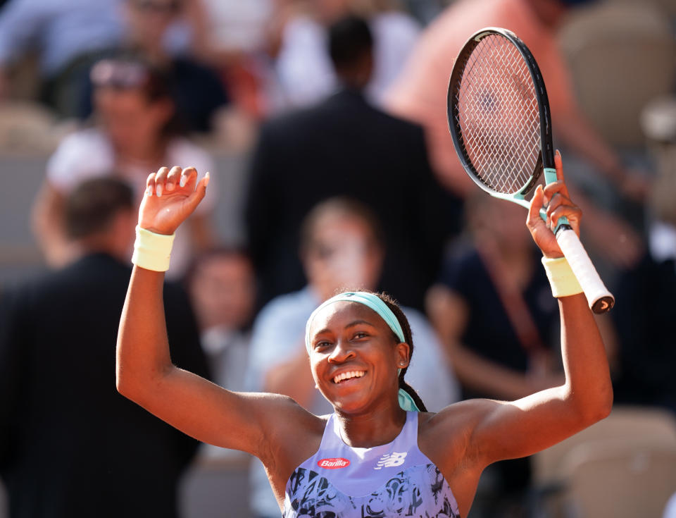 Seen here, American Coco Gauff celebrates after beating Italy's Martina Trevisan in their French Open semi-final. 