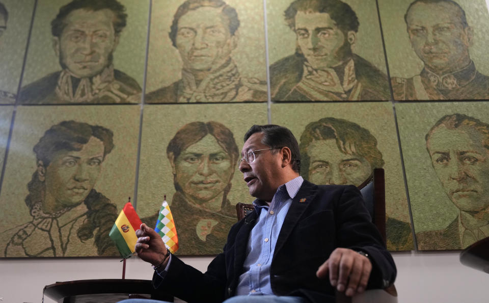 Bolivia's President Luis Arce speaks during an interview at the government palace, in La Paz, Bolivia, Friday, June 28, 2024, two days after Army troops stormed the palace in what Arce called a coup attempt. (AP Photo/Juan Karita)