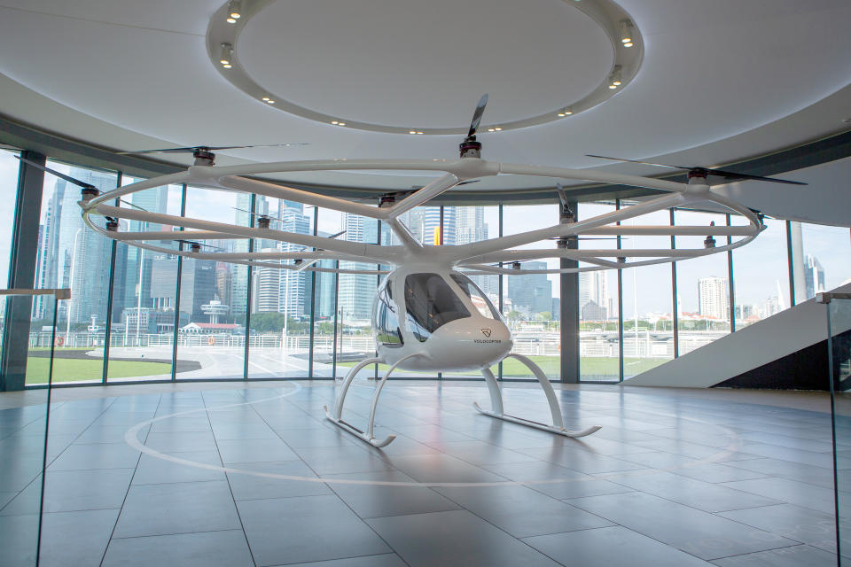 A Volocopter two-seat electric air taxi on display at the VoloPort press conference at the Float @ Marina Bay on 21 October 2019. (PHOTO: Dhany Osman / Yahoo News Singapore)