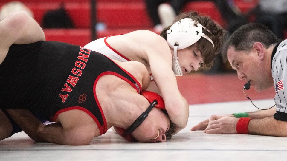 Washington Township's Colton Hagerty, top, controls Kingsway's Jason Meola during the 113 lb. bout of the wrestling meet held at Washington Township High School on Wednesday, January 10, 2024. Hagerty defeated Meola, 14-3.