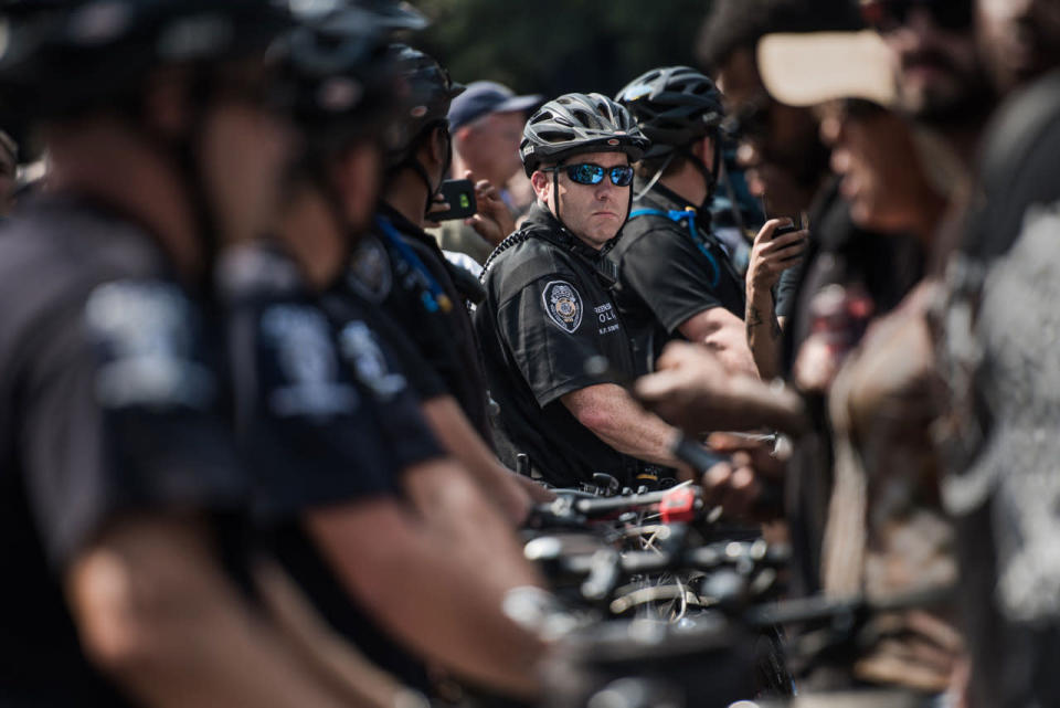 <p>Police surround demonstrators outside of Bank of America Stadium before an NFL football game between the Charlotte Panthers and the Minnesota Vikings on Sept. 25, 2016 in Charlotte, N.C. (Sean Rayford/Getty Images)</p>