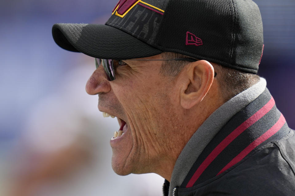 Washington Commanders head coach Ron Rivera reacts during the first quarter an NFL football game against the New York Giants, Sunday, Oct. 22, 2023, in East Rutherford, N.J. (AP Photo/Seth Wenig)