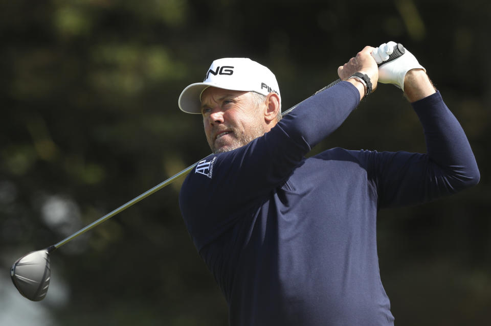 England's Lee Westwood tees off from the 5th hole during the third round of the British Open Golf Championships at Royal Portrush in Northern Ireland, Saturday, July 20, 2019.(AP Photo/Jon Super)