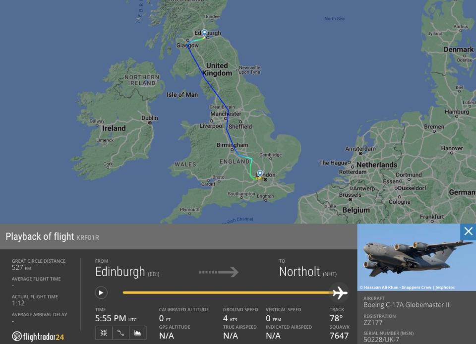 A map showing the flight from Edinburgh to London. (Screengrab via FlightAware24)