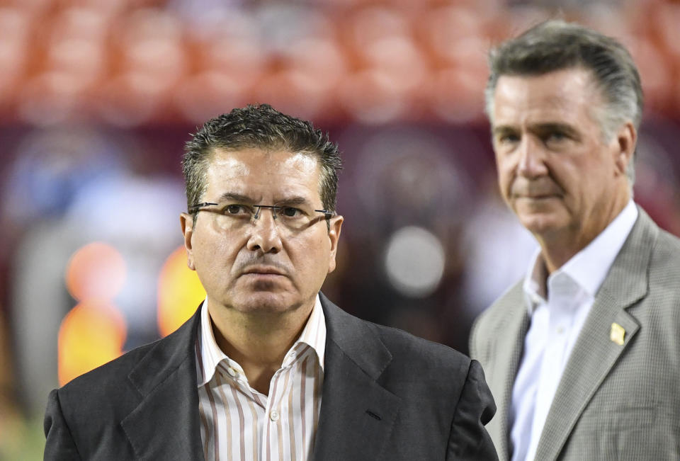 LANDOVER, MD - SEPTEMBER 23: Redskins owner Daniel Snyder, left, and Redskins general manager Bruce Allen on the sideline before a Monday Night Football game against the Chicago Bears at FedEx Field. (Photo by Jonathan Newton / The Washington Post via Getty Images)