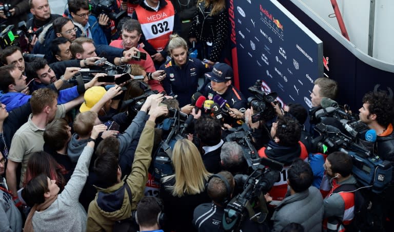 Red Bull Racing's Dutch driver Max Verstappen speaks with journalists at the Circuit de Catalunya on February 28, 2017 in Montmelo on the outskirts of Barcelona during the second day of the first week of tests for the Formula One Grand Prix season