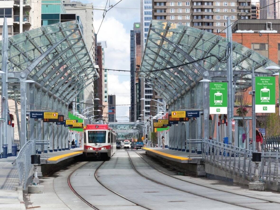 Calgary Transit riders hopping on between the City Hall and the Downtown West/Kerby stations will soon be boarding in the TD Free Fare Zone. (Submitted by the City of Calgary - image credit)
