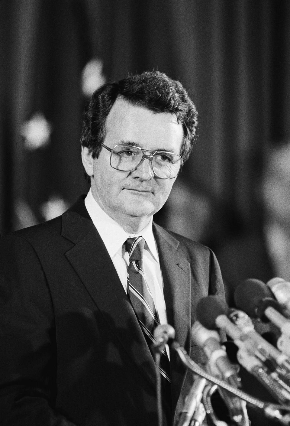 Labor Secretary Raymond Donovan faces reporters, June 28, 1982 in Washington, to respond to a special prosecutor's report on charges of his involvement with organized crime. Donovan, a construction company executive who resigned as secretary of the U.S. Department of Labor, died Wednesday, June 2, 2021. He was 90. (AP Photo/Scott Stewart, file)