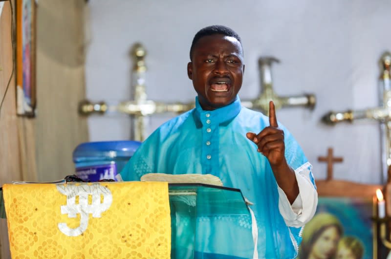 Superior elder prophet Ayobami Atanda delivers a sermon during a church service amid concerns about the spread of coronavirus disease (COVID-19) at the Celestial Church of Christ, in Makoko community area in Lagos