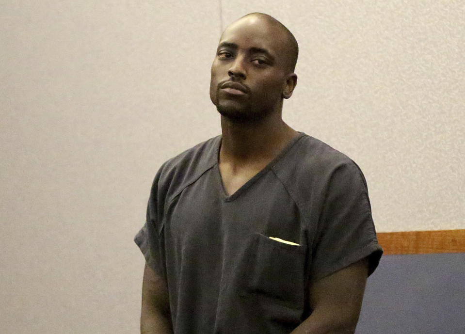 Former NFL player, Cierre Wood appears in court on Tuesday, April 16, 2019 in Las Vegas.  Wood, arrested on suspicion of child abuse, now faces murder charges after his girlfriend’s 5-year-old daughter died.    (Michael Quine/Las Vegas Review-Journal via AP)