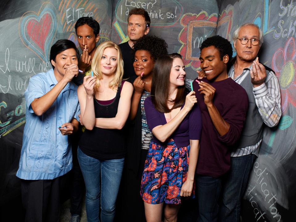 Ken Jeong as Senor Chang, Danny Pudi as Abed, Gillian Jacobs as Britta, Joel McHale as Jeff Winger, Yvette Nicole Brown as Shirley, Alison Brie as Annie, Donald Glover as Troy, Chevy Chase as Pierce in CommunityMitchell Haaseth / © NBC Universal, Inc.
