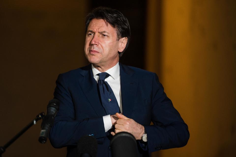 CREMONA, ITALY - APRIL 28: Italian prime minister Giuseppe Conte makes a statement to the journalists on April 28, 2020 in Cremona, Italy. Italy will remain on lockdown to stem the transmission of the Coronavirus (Covid-19), slowly easing restrictions. (Photo by Marco Mantovani/Getty Images)