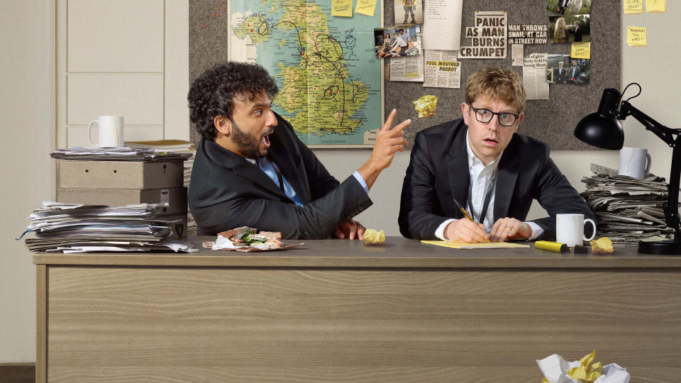 Nish Kumar and Josh Widdicombe try to crack the world of local news in Hold the Front Page. (Sky UK)