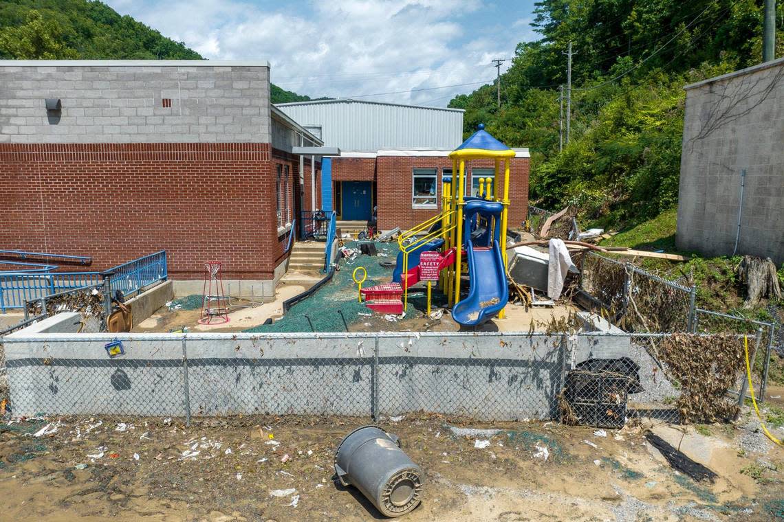 Mud and debris surround a playground outside Robinson Elementary School near Ary in Perry County, Ky., on Tuesday, Aug. 2, 2022. Flood waters devastated many communities in Eastern Kentucky last week.