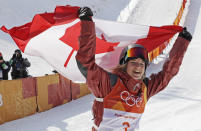<p>Cassie Sharpe, of Canada, celebrates after winning the gold medal in the Women’s Halfpipe final at the 2018 Winter Olympics in PyeongChang, South Korea, Tuesday, Feb. 20, 2018. (AP Photo/Kin Cheung) </p>
