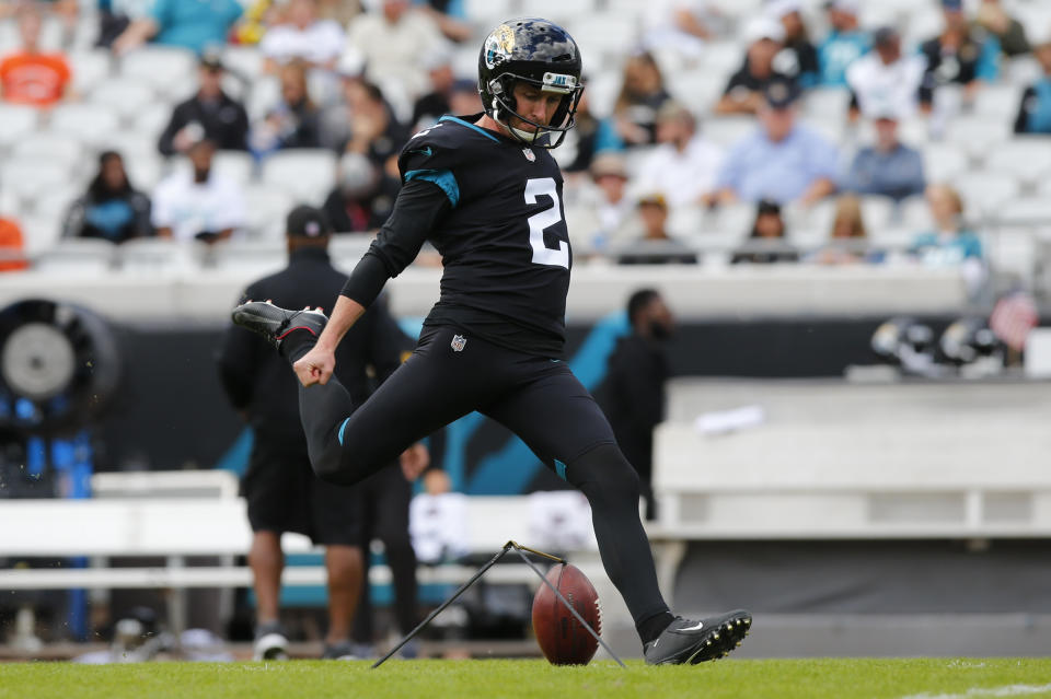 JACKSONVILLE, FL - DECEMBER 16: Jacksonville Jaguars Place Kicker Kai Forbath (2) warms up before the game between the Washington Redskins and the Jacksonville Jaguars on December 16, 2018 at TIAA Bank Field in Jacksonville, Fl. (Photo by David Rosenblum/Icon Sportswire via Getty Images)