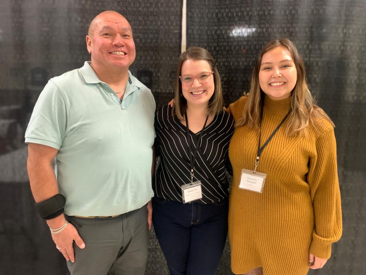 From left to right, Gerald Asivak, Hilary Fry, and Samantha Saksagiak. They participated in an anti-racism forum in Happy Valley-Goose Bay to build guidelines in place to combat racism from different public systems like healthcare, justice, and education. (John Gaudi/CBC - image credit)