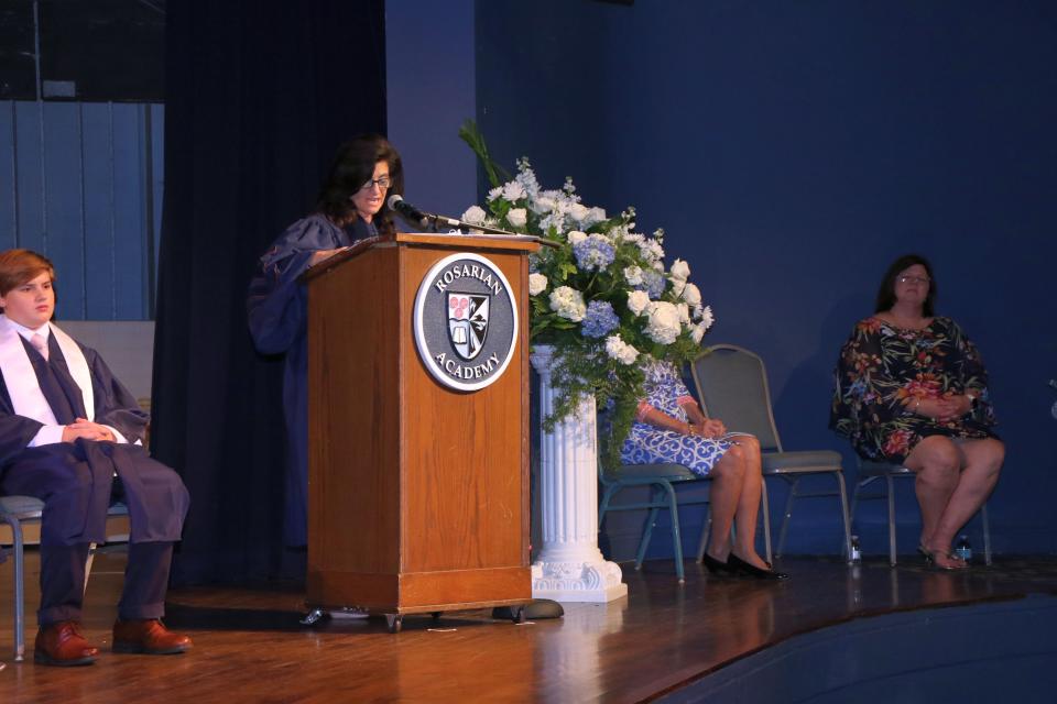 Rosarian Academy Head of School Linda Trethewey addresses the students during the class of 2023 graduation.
