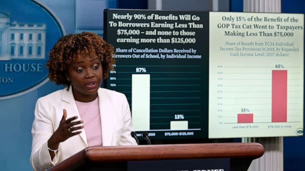 PHOTO: White House Press Secretary Karine Jean-Pierre speaks during the daily press briefing in the Brady Press Briefing Room of the White House in Washington, D.C., Aug. 25, 2022.  (Olivier Douliery/AFP via Getty Images)