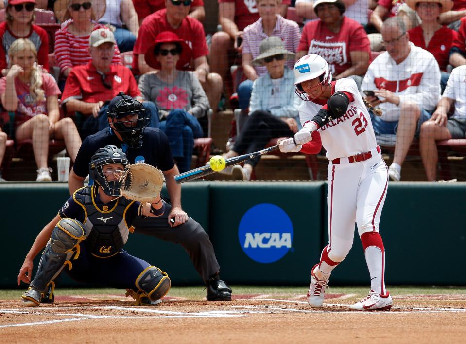 Oklahoma's Tiare Jennings hits a home run against California in the final of the NCAA softball Norman Regional on Sunday.