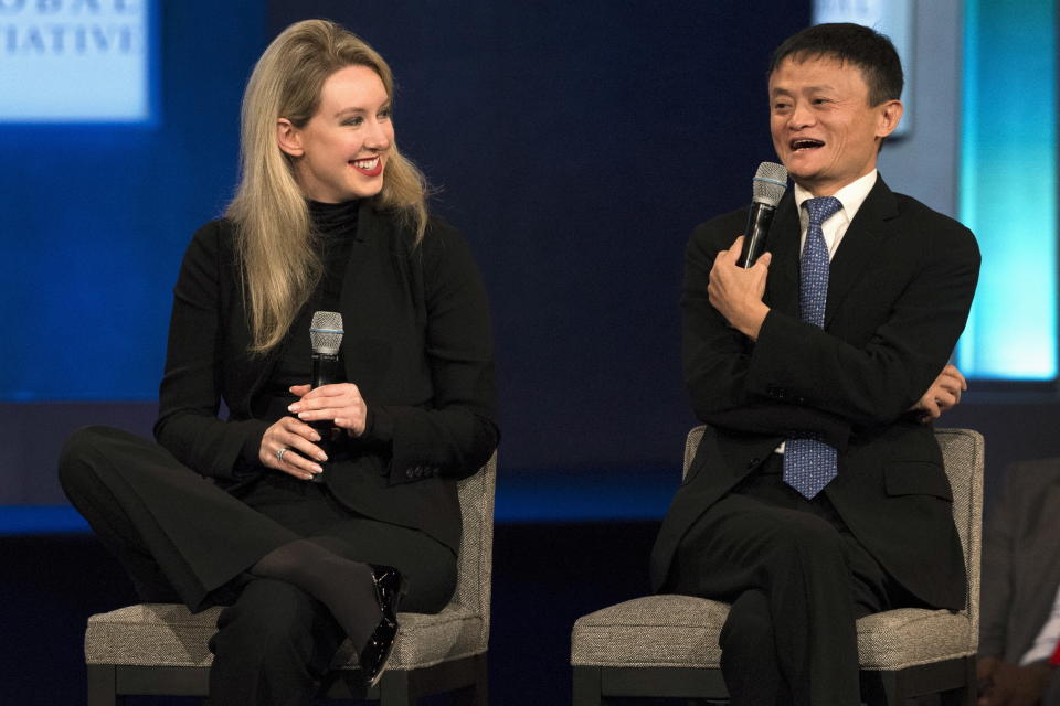 Jack Ma, executive chairman of Alibaba Group, speaks next to Elizabeth Holmes, CEO of Theranos, during the Clinton Global Initiative's annual meeting in New York, September 29, 2015.  REUTERS/Brendan McDermid 