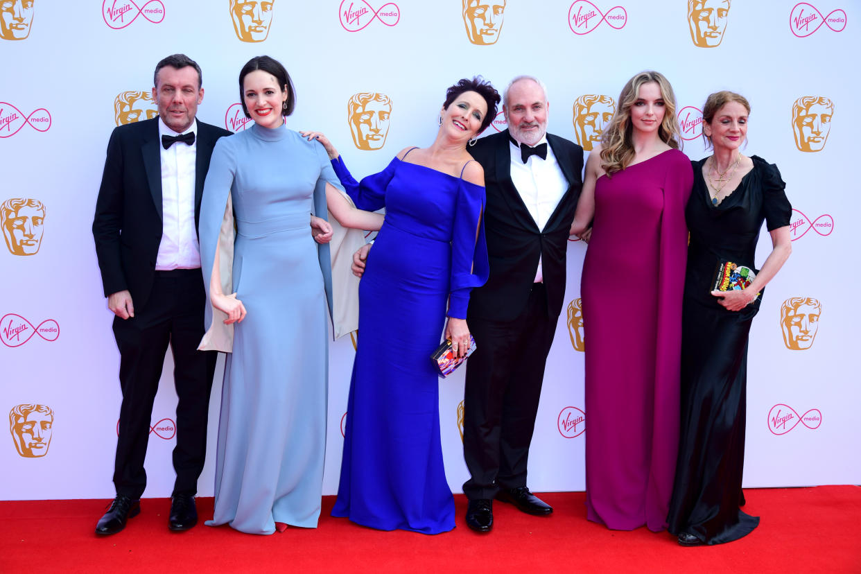 Lee Morris, Phoebe Waller-Bridge, Fiona Shaw, Kim Bodnia, Jodie Comer and Sally Woodward Gentle attending the Virgin Media BAFTA TV awards, held at the Royal Festival Hall in London. (Photo by Ian West/PA Images via Getty Images)