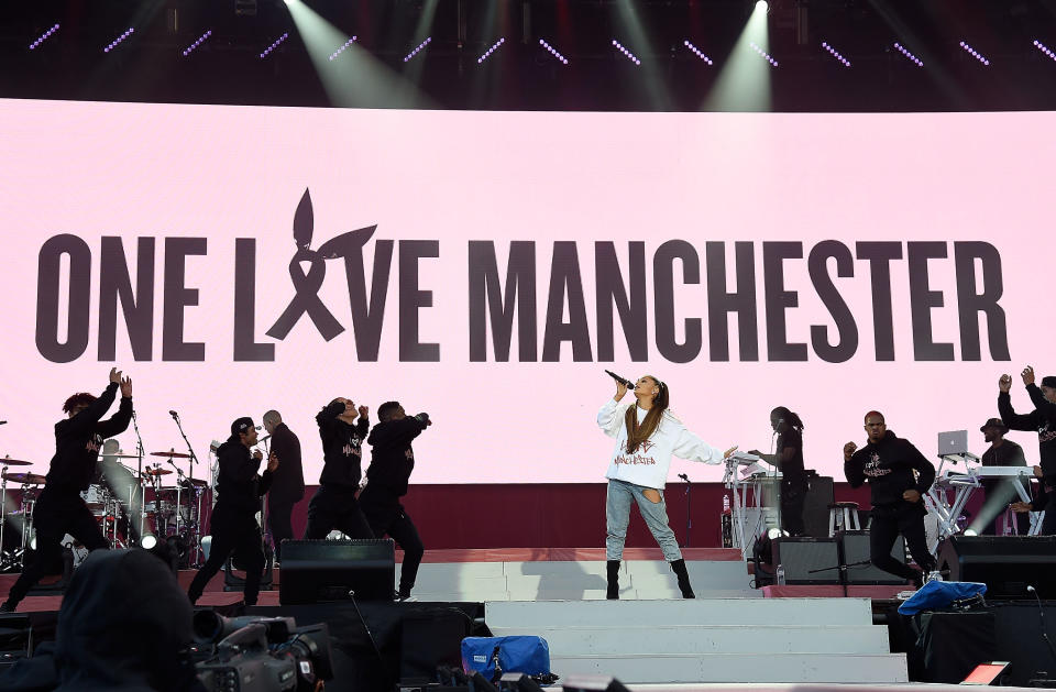 Ariana Grande performs on stage during the One Love Manchester Benefit Concert at Old Trafford on June 4, 2017 in Manchester, England.&nbsp;