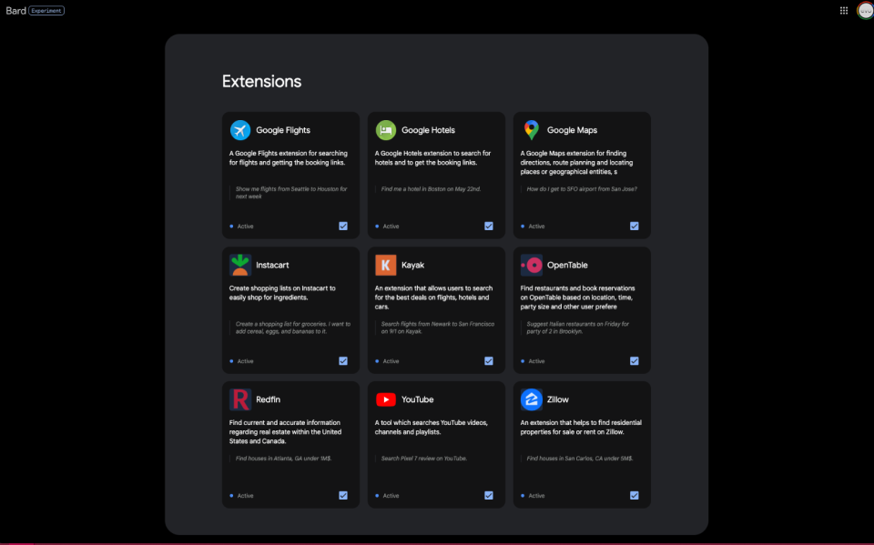 A screenshot of the Bard Extensions menu from 9to5Google, showing off potential Extensions for Google Flights, Google Hotels, Google Maps, Instacart, Kayak, OpenTable, Redfin, YouTube and Zillow.