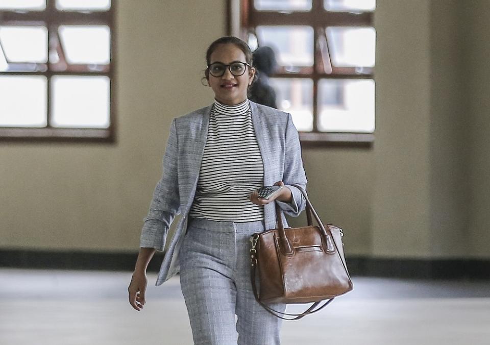 AmBank Jalan Raja Chulan branch manager, R. Uma Devi, is seen at the Kuala Lumpur Court Complex April 29, 2019. — Picture by Firdaus Latif