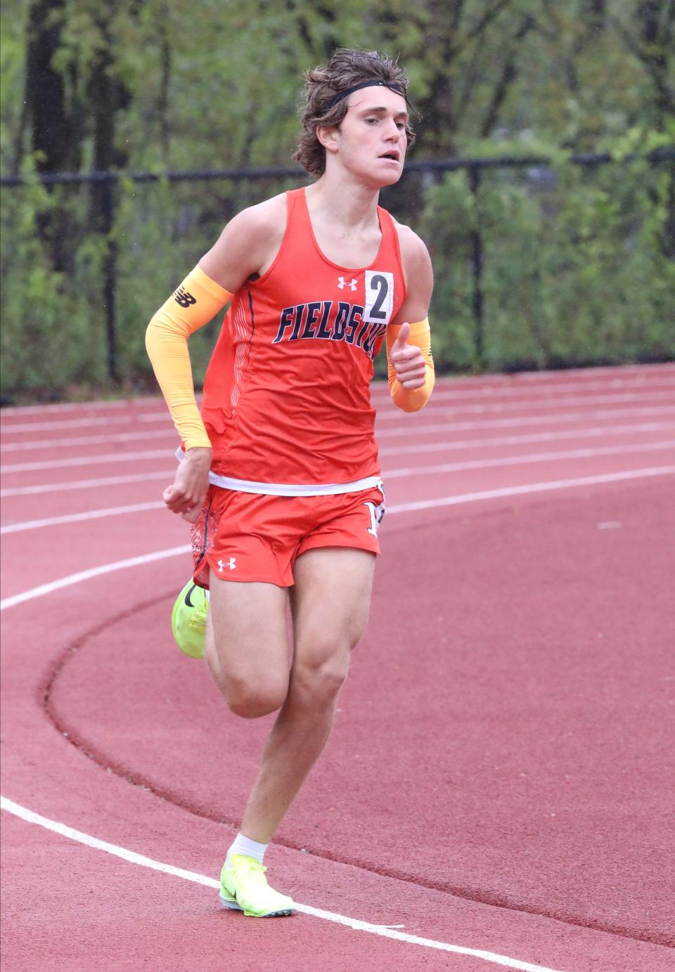 Owen Larson from the Ethical Culture Fieldston school placed first as athletes compete in the boys 1600 meter run during the Gold Rush Invitational Track & Field meet at Clarkstown South High School in West Nyack, April 29, 2023. 