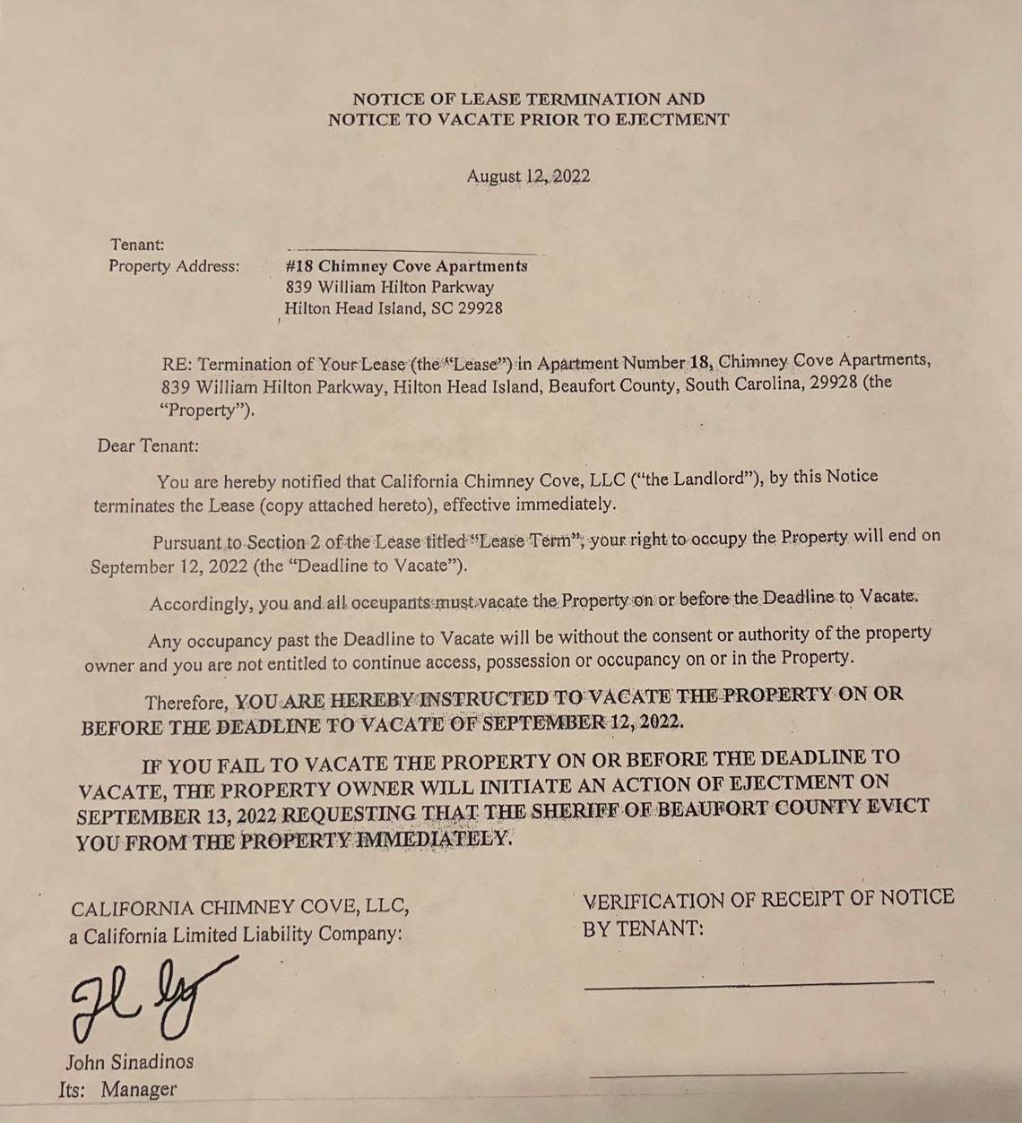 Chimney Cove residents came home on Aug. 12 to eviction notices like this one taped to their door telling them that they have 30 days to vacate the property. Sandy Gillis