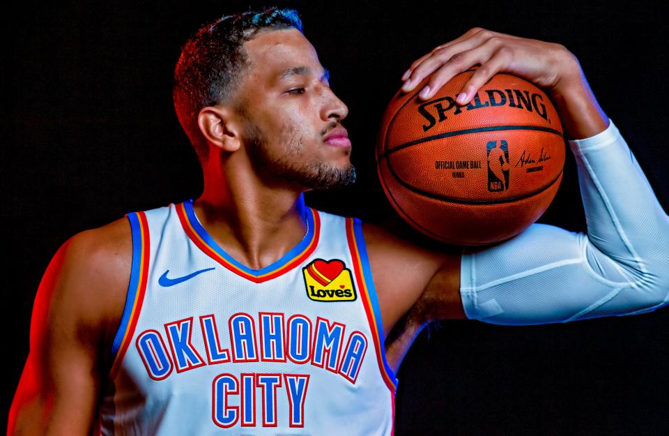 Andre Roberson (21) poses for a photo during the Oklahoma City Thunder media day at the Chesapeake Energy Arena in Oklahoma City, Okla. on Monday, Sept. 30, 2019.
